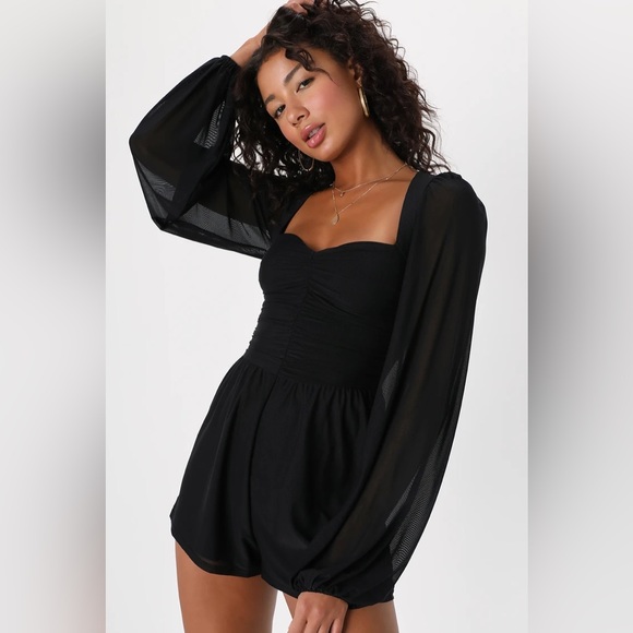 Lulus Playful Perfection Black Mesh Ruched Balloon Sleeve Romper - Picture 3 of 3